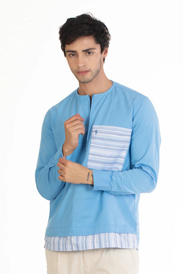 Sky Blue Men's Round Neck Kurta Plain Shirt