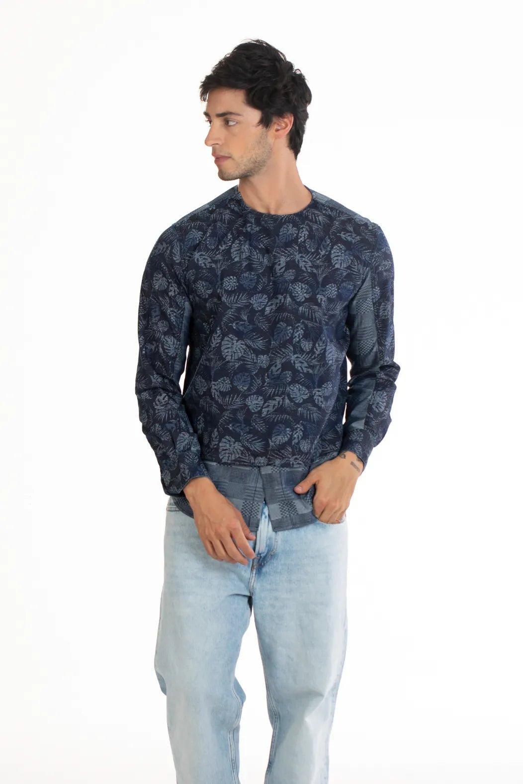 Round neck denim deals shirt