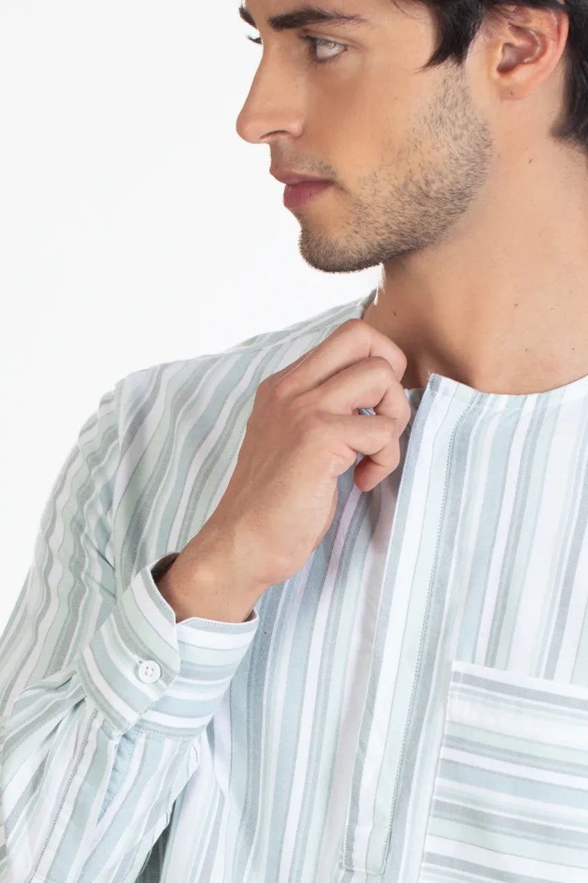 green bias pocket round neck men's striped shirt