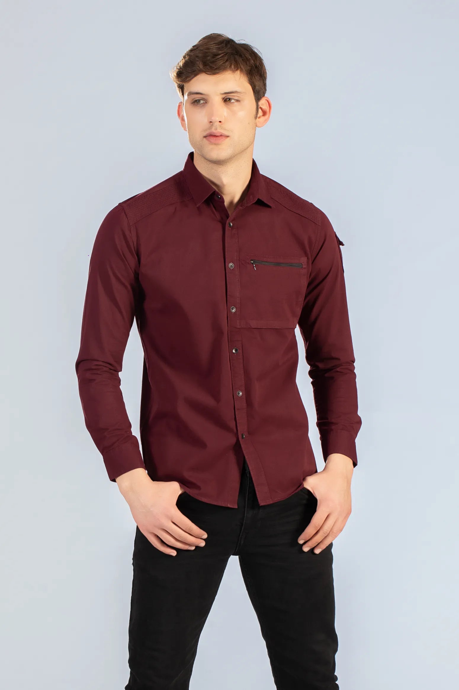 Maroon Shoulder Patch Cargo Twill Men's Plain Shirt