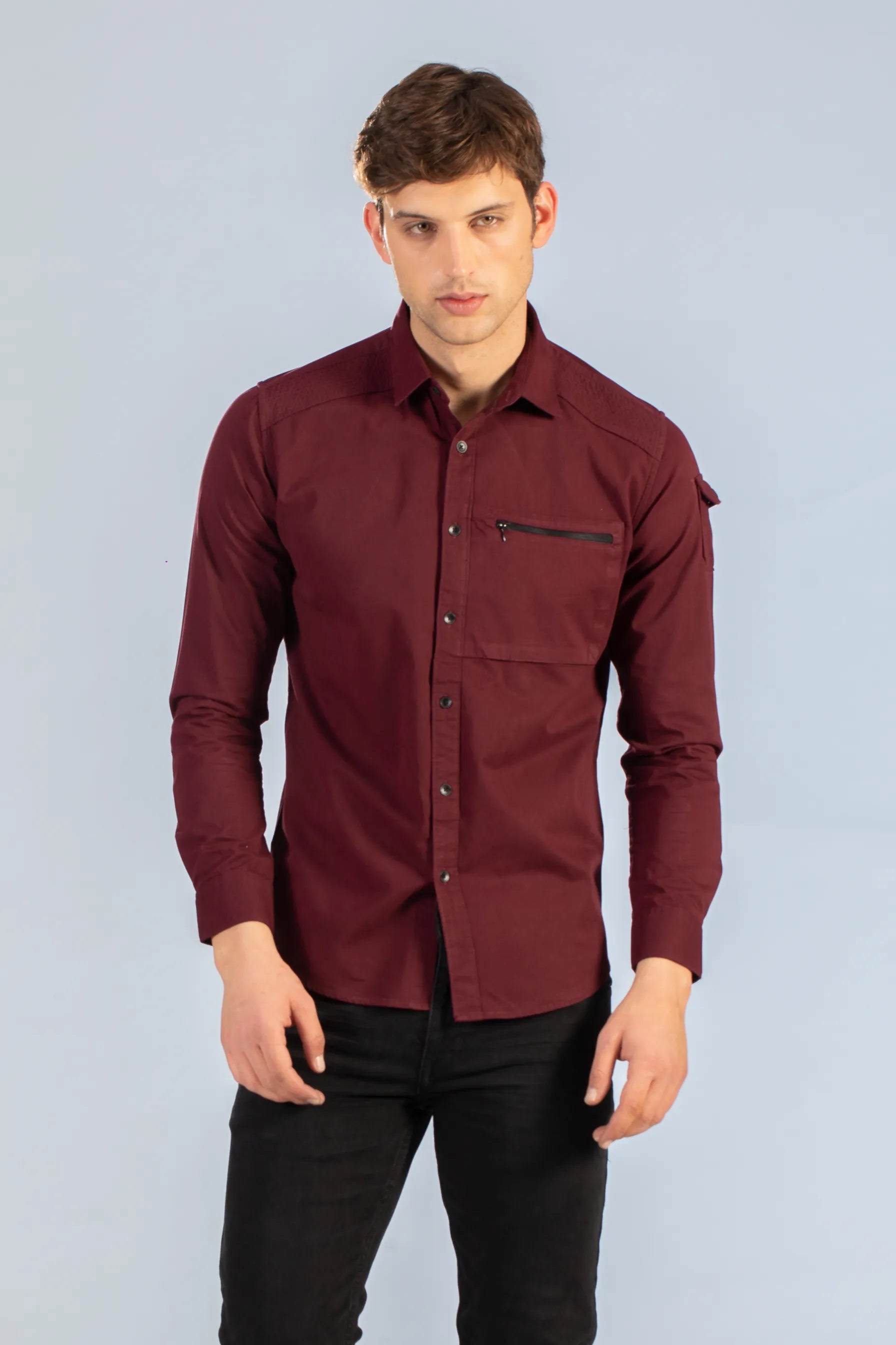 Maroon Shoulder Patch Cargo Twill Men's Plain Shirt