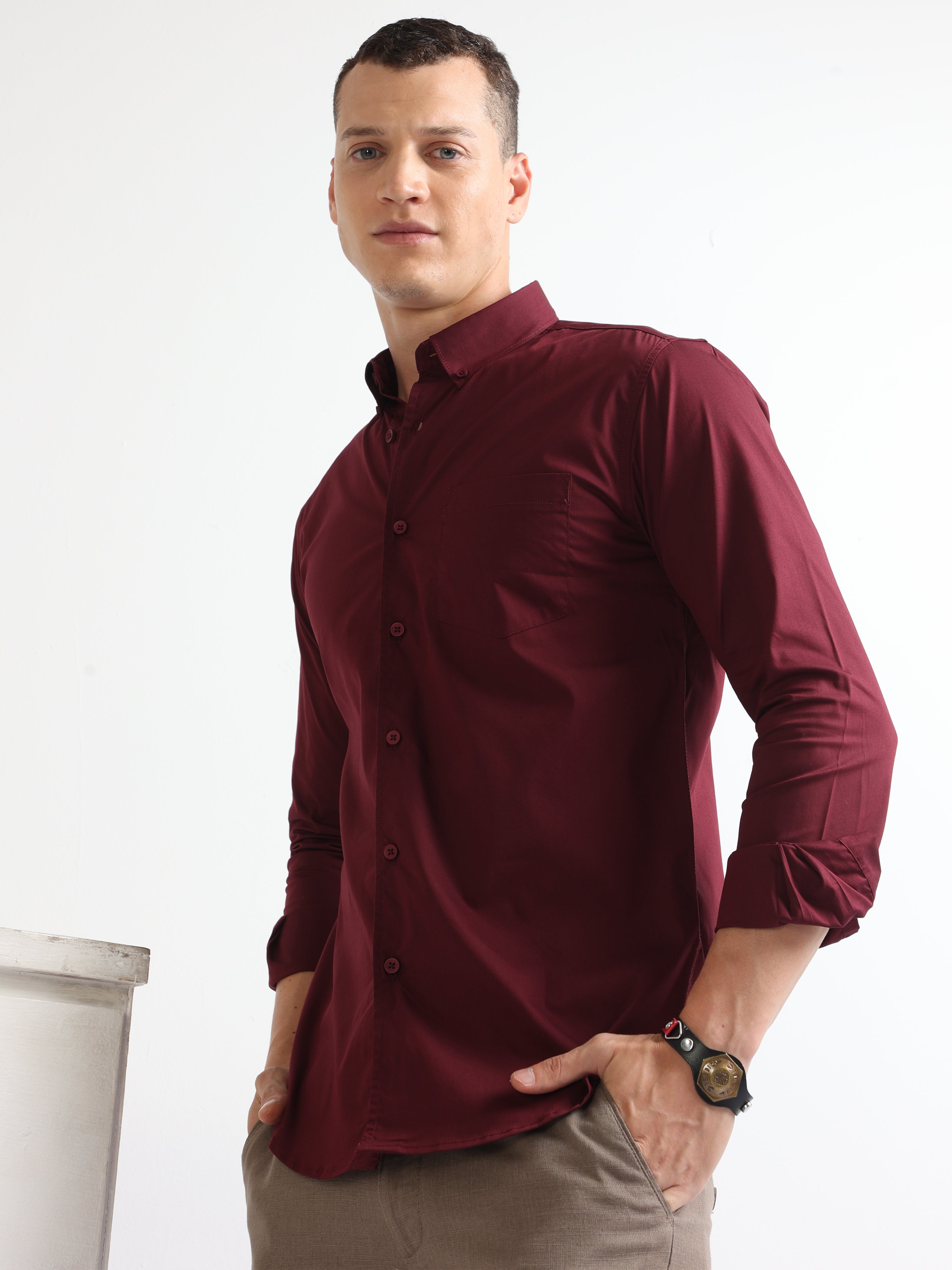 Buy Maroon Men s Single Pocket Button Down Work Wear Plain Shirt