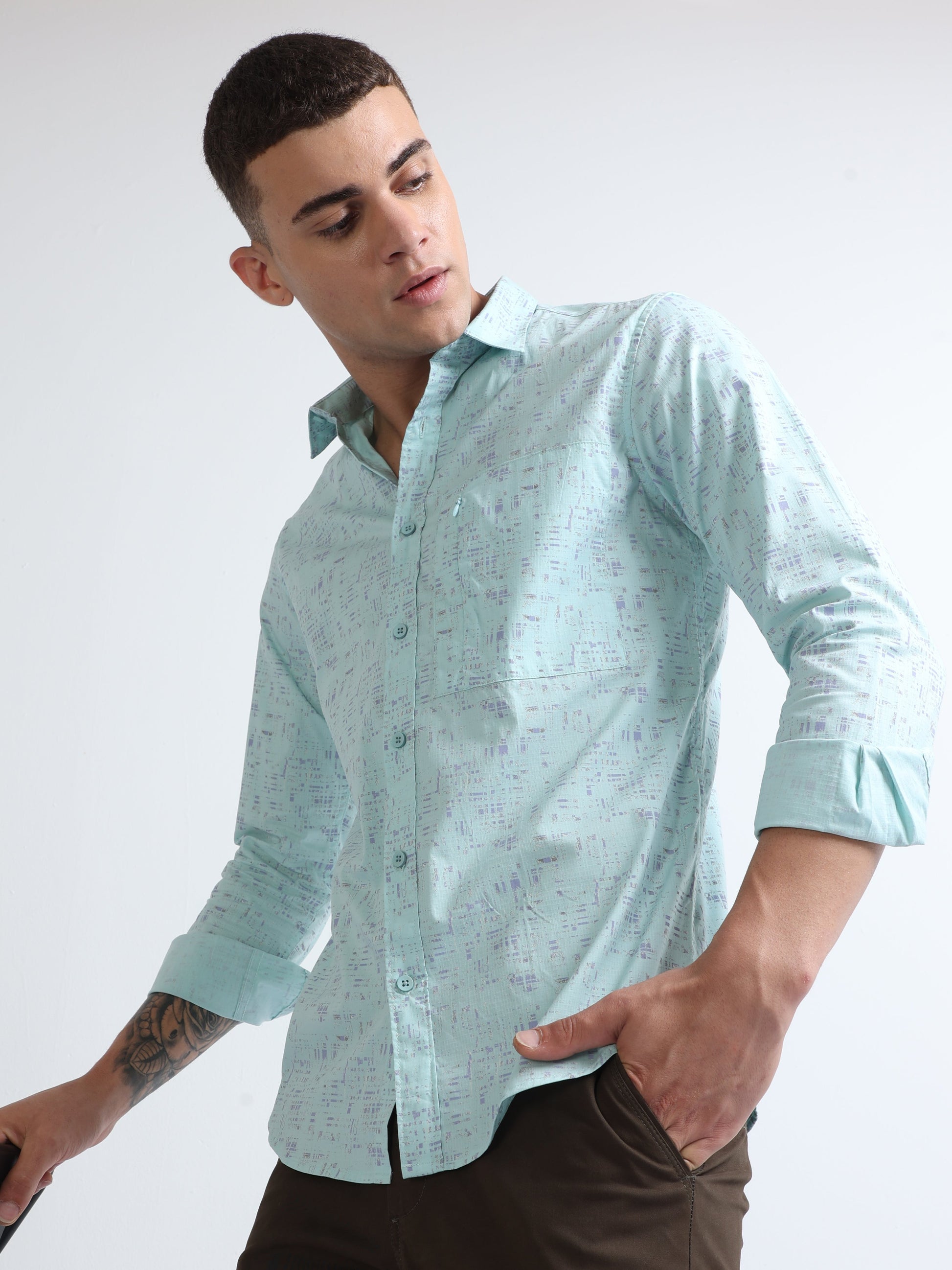 sea blue single zipper pocket men's printed shirt