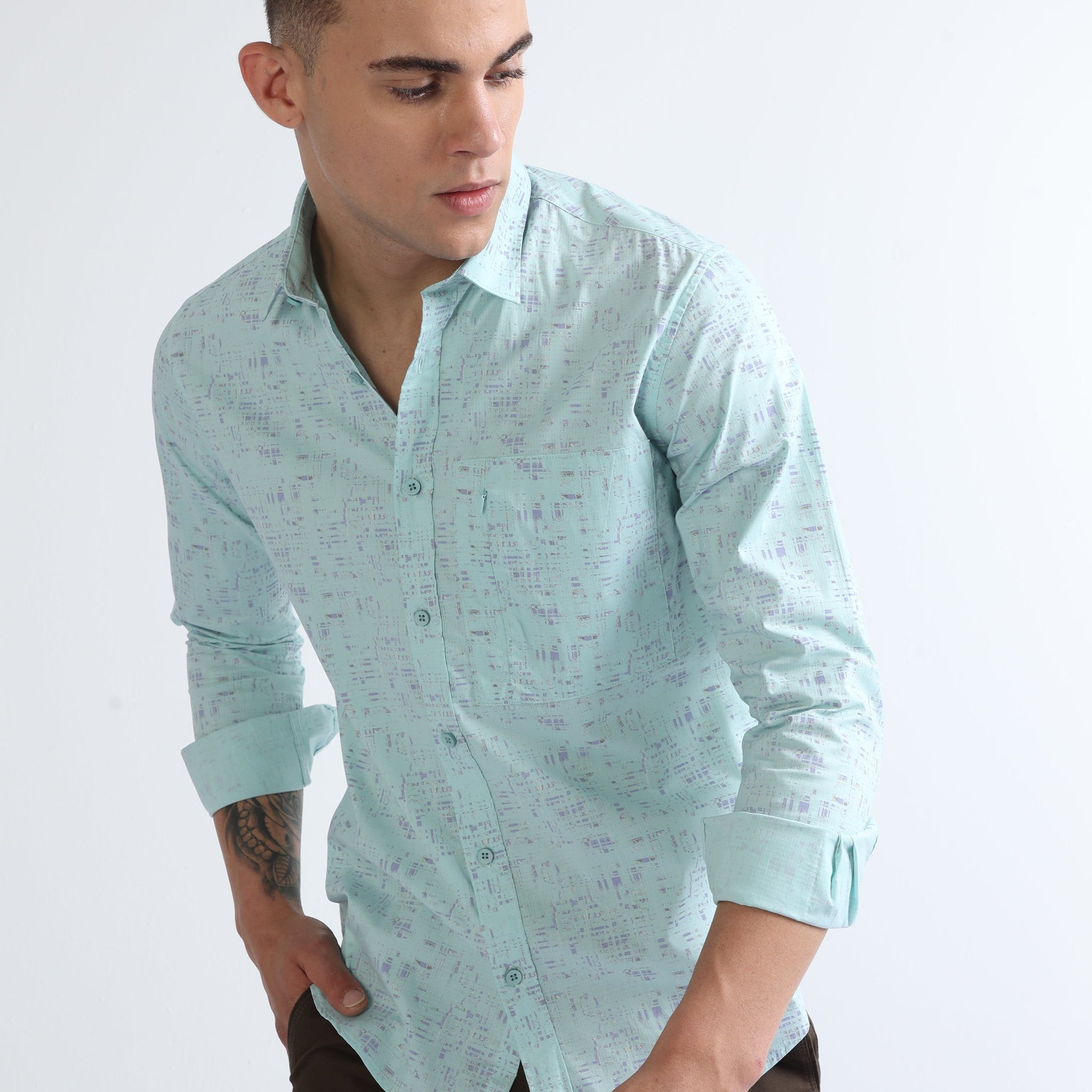 sea blue single zipper pocket men's printed shirt