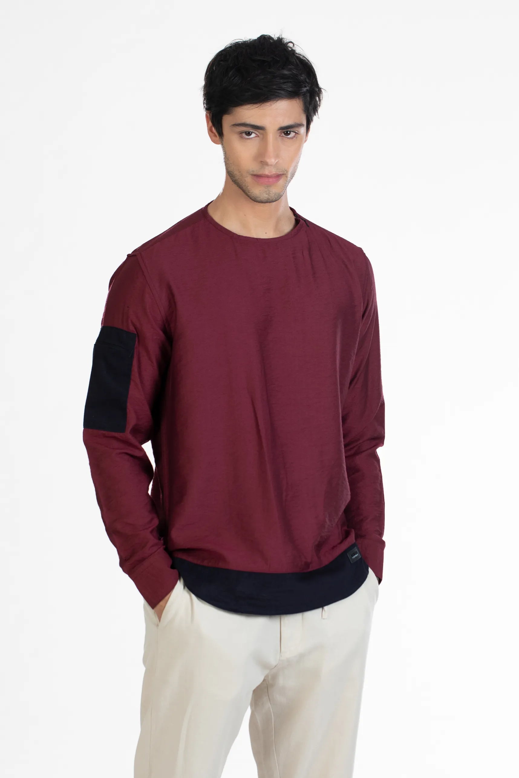 Maroon Sleeve Pocket Crushed Men's Plain Shirt