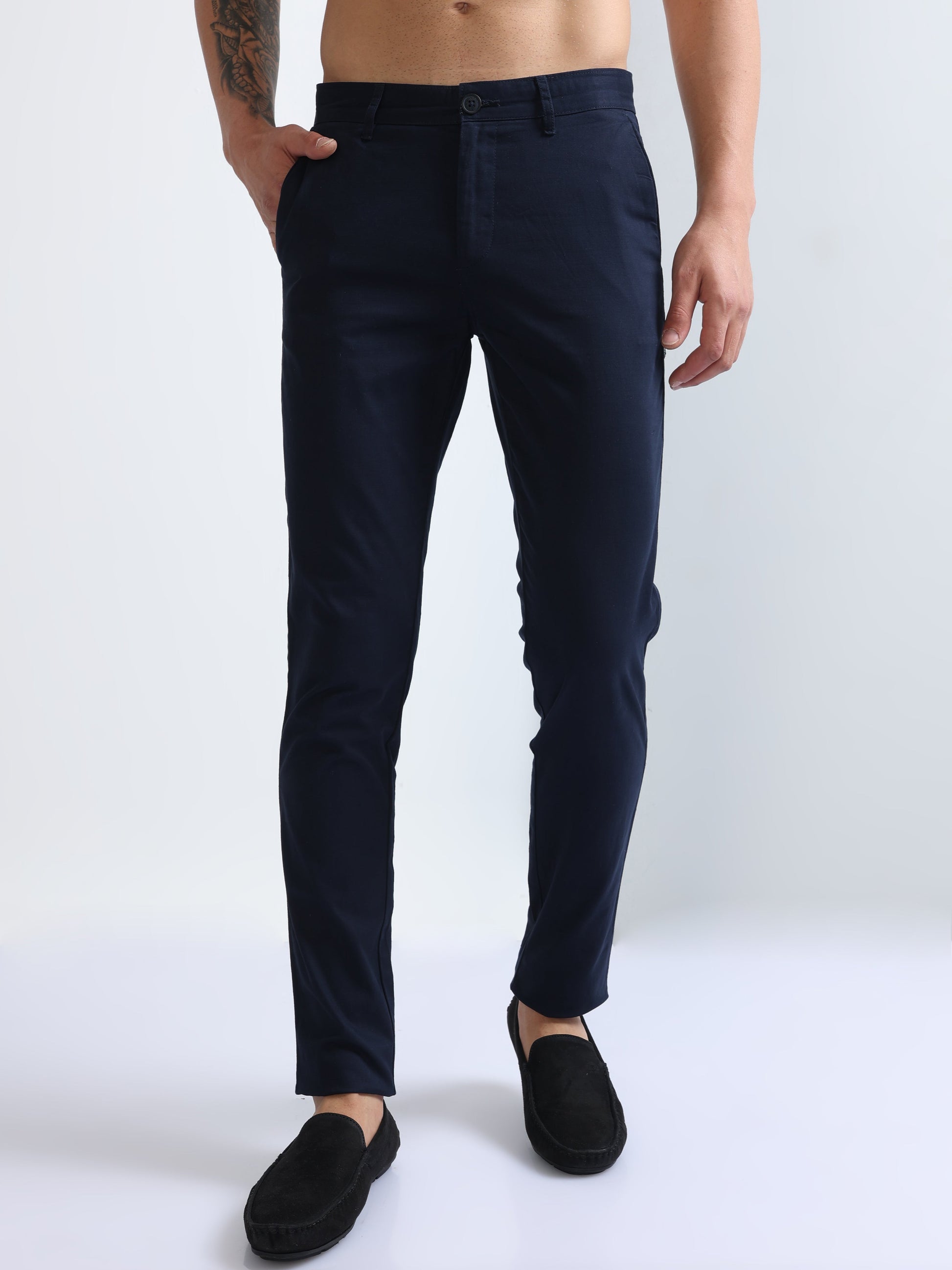 Navy Casual Elegant Cotton Men's Trousers