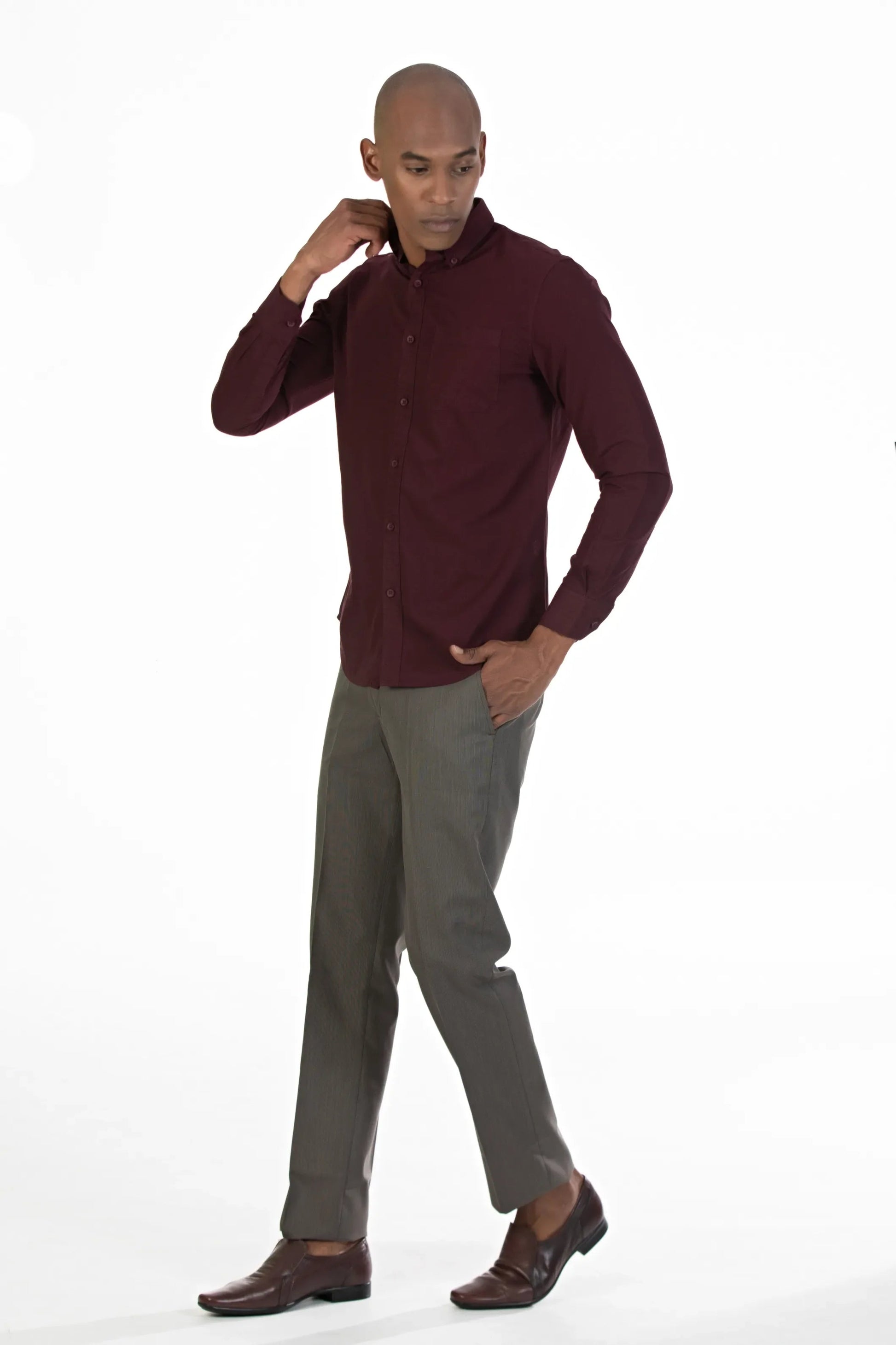 maroon single pocket oxford plain shirt