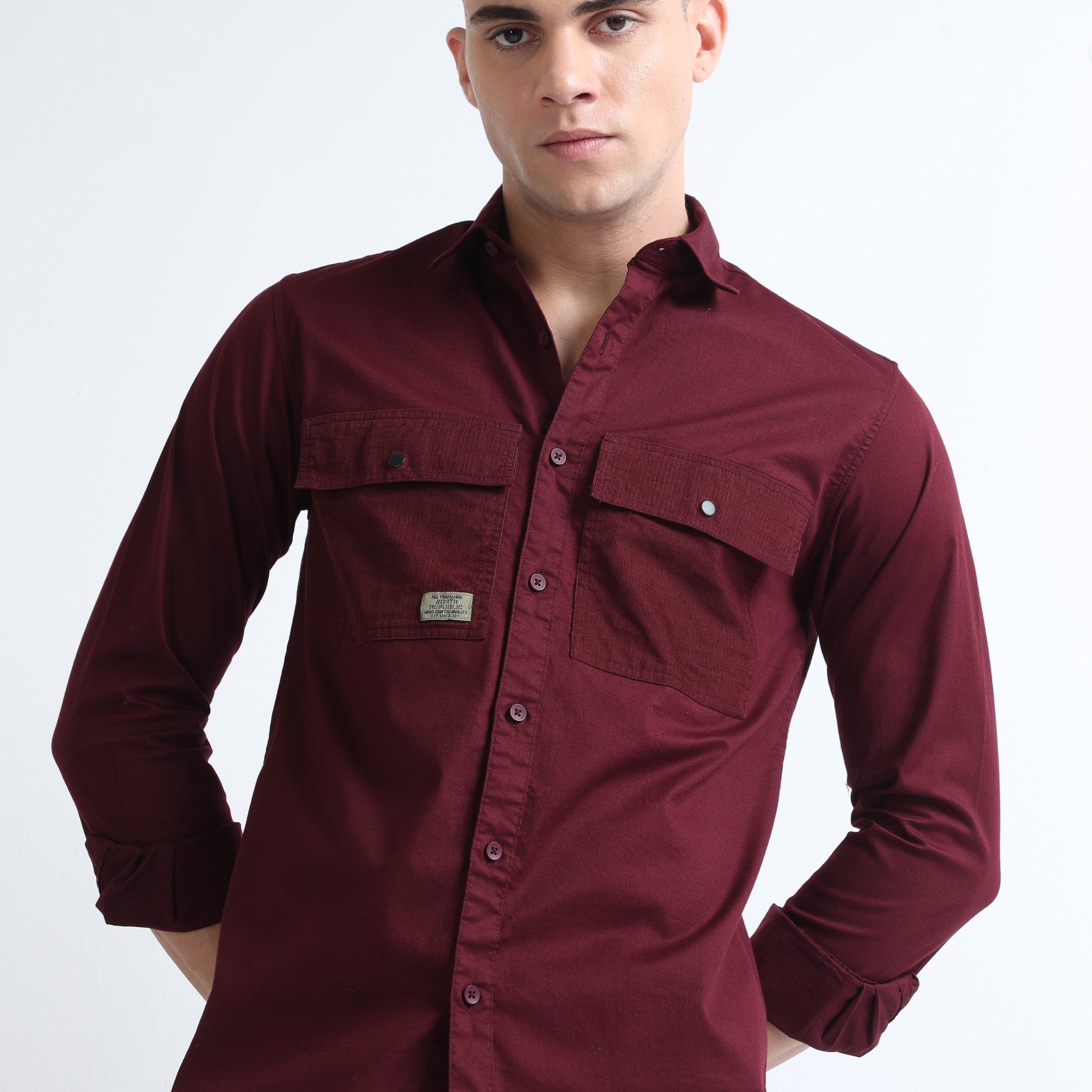 Maroon Men's Snap Button Double Pocket Fashionable Plain Shirt