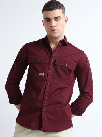 Maroon Men's Snap Button Double Pocket Fashionable Plain Shirt