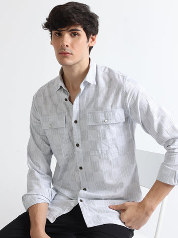 Buy Snap Button Double Pocket White Indigo Checked Shirt Online