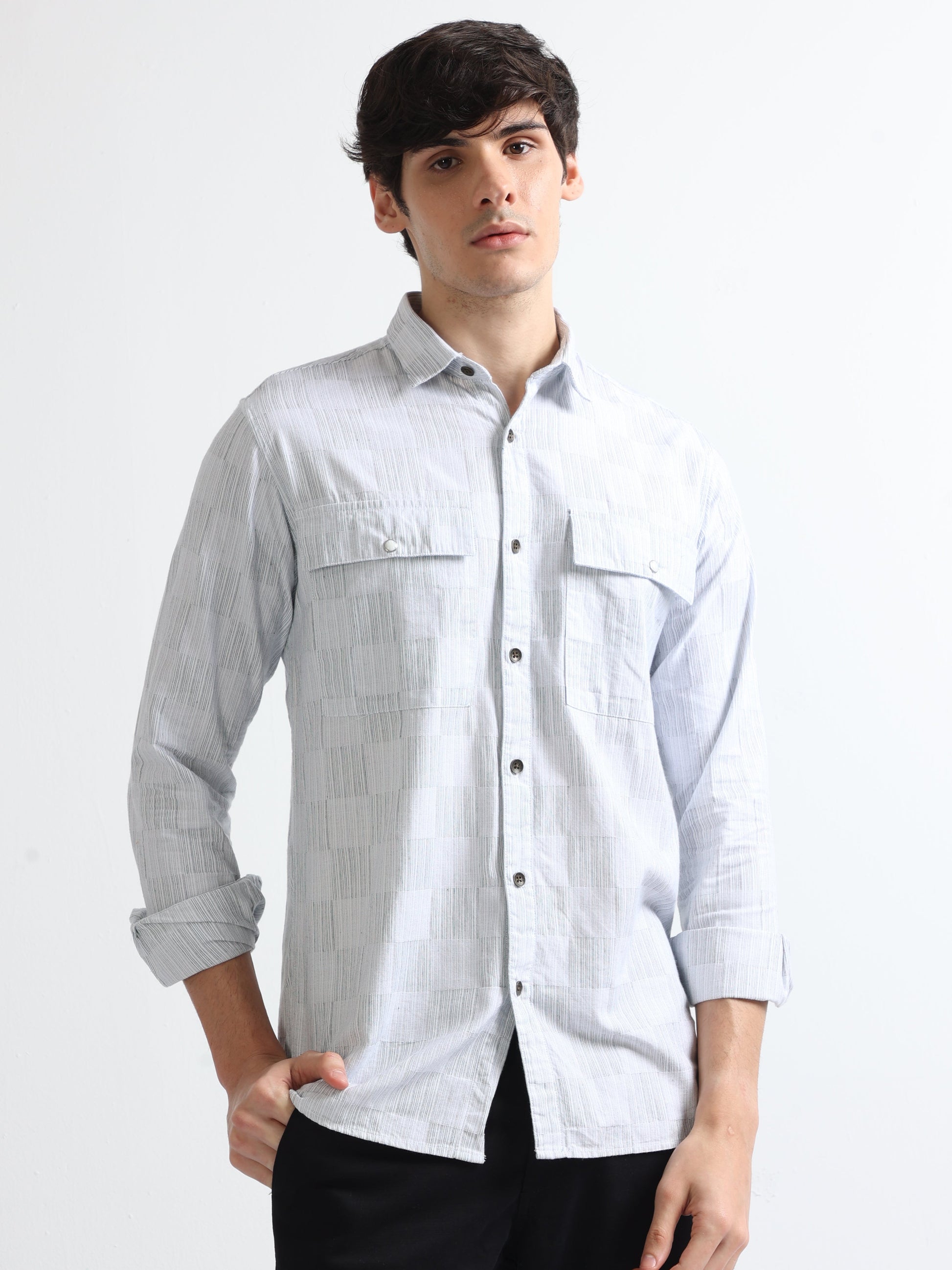 Buy Snap Button Double Pocket White Indigo Checked Shirt Online.