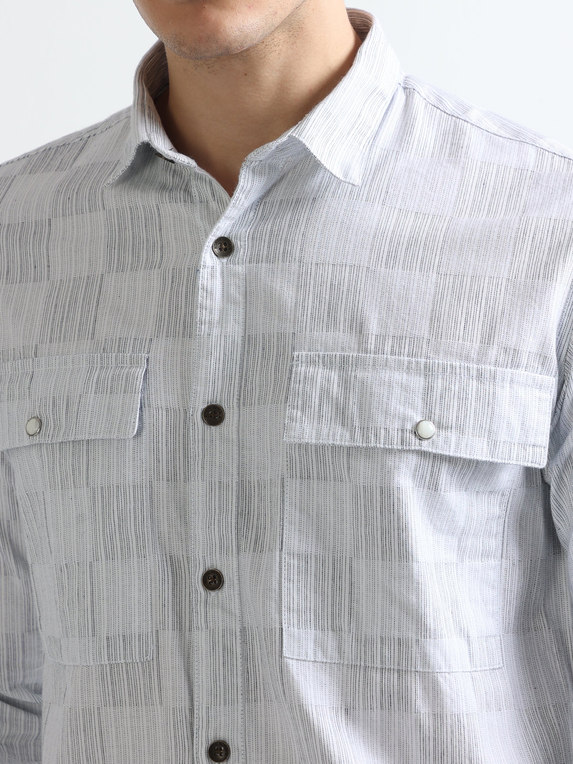 Buy Snap Button Double Pocket White Indigo Checked Shirt Online.