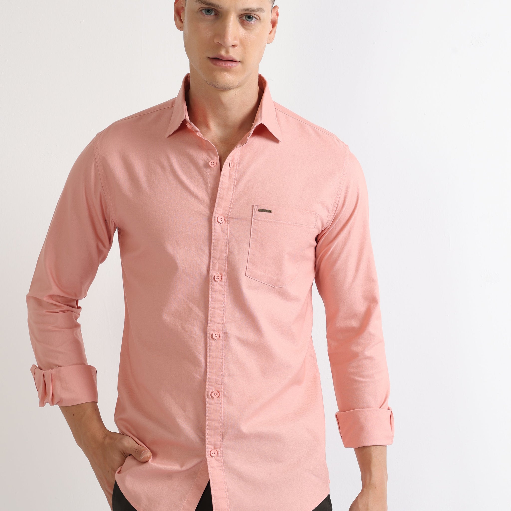 Peach Men's Solid Full Sleeves Plain Shirt
