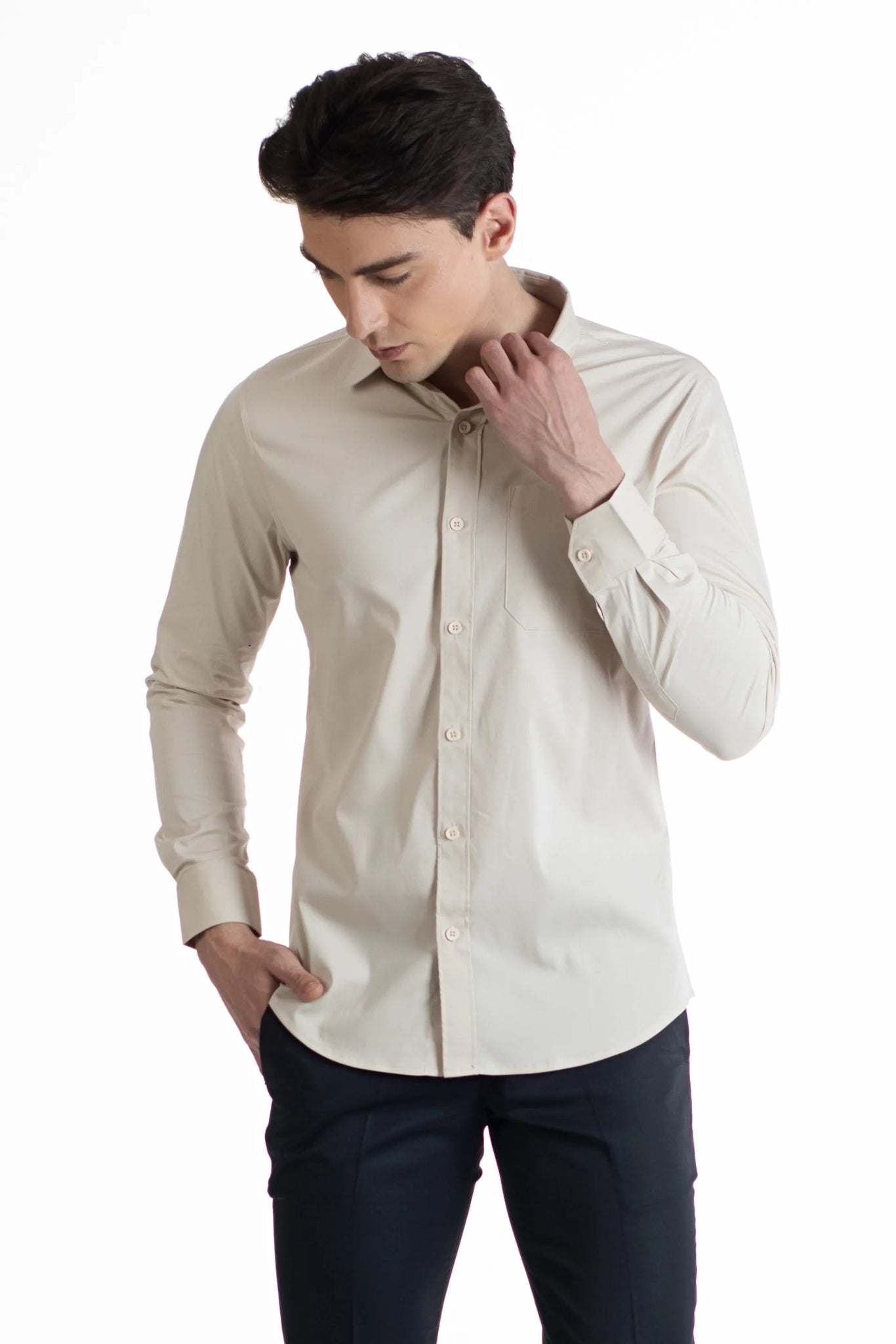 Cream Solid Single Pocket Poplin Plain Shirt