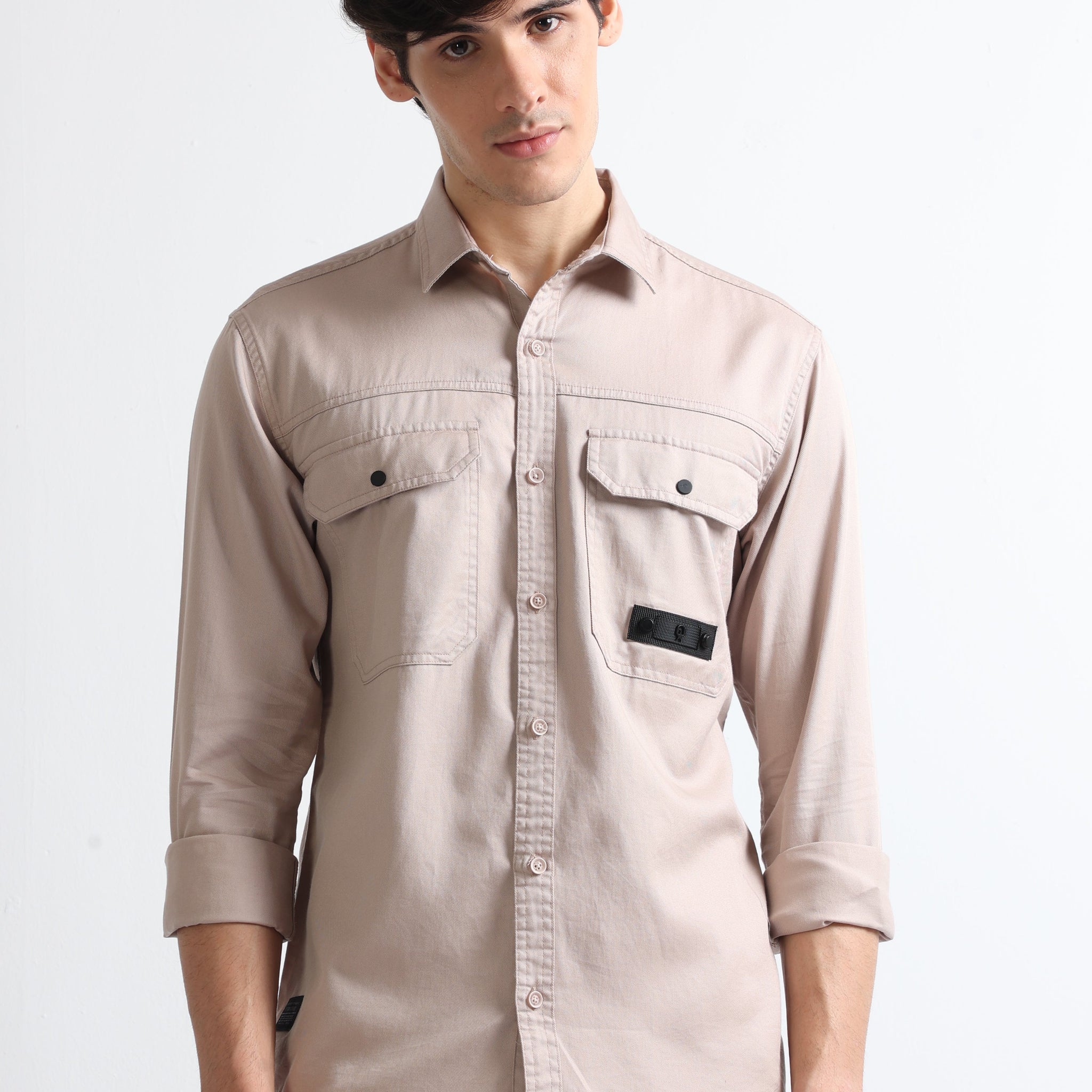 Beige Men's Stylish And Comfort Double Pocket Twill Plain Shirt