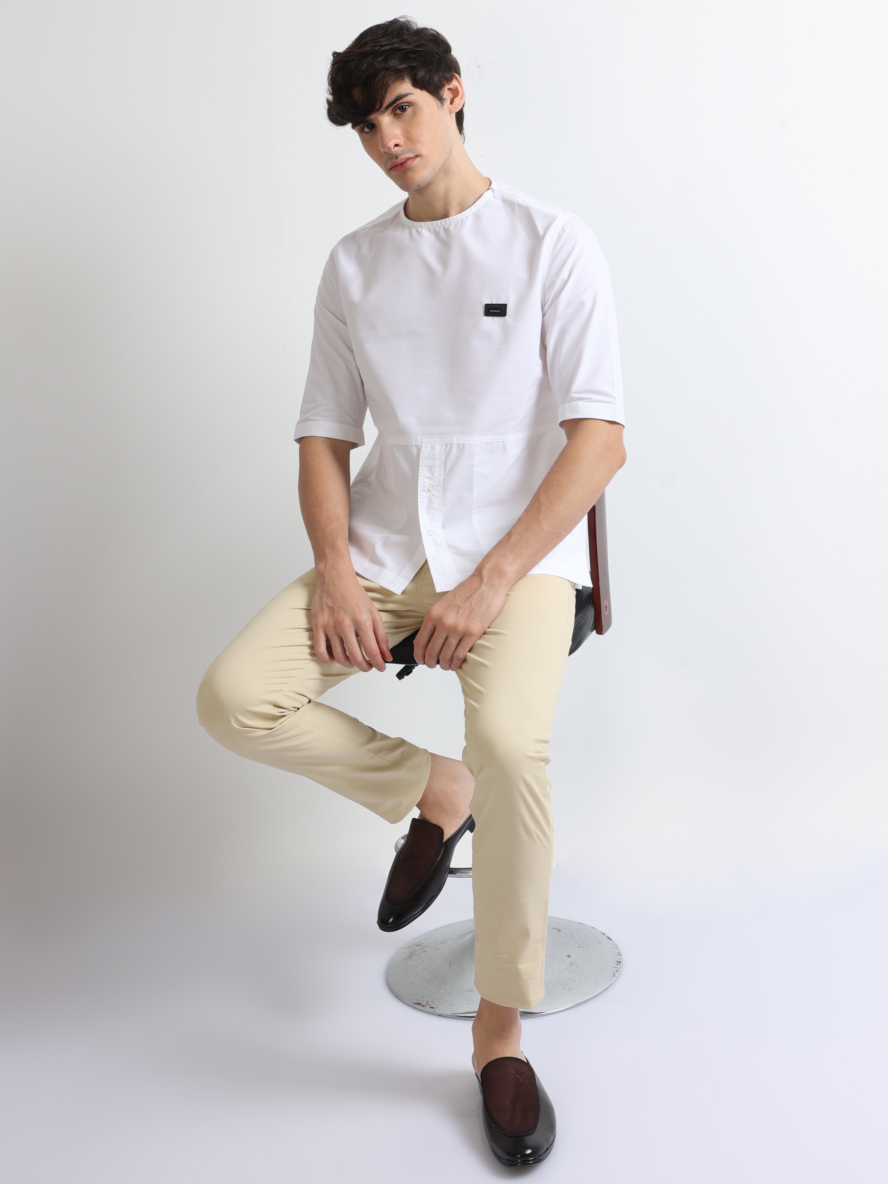 Buy White Men's Stylish Side Pocket Crew Neck Plain Shirt