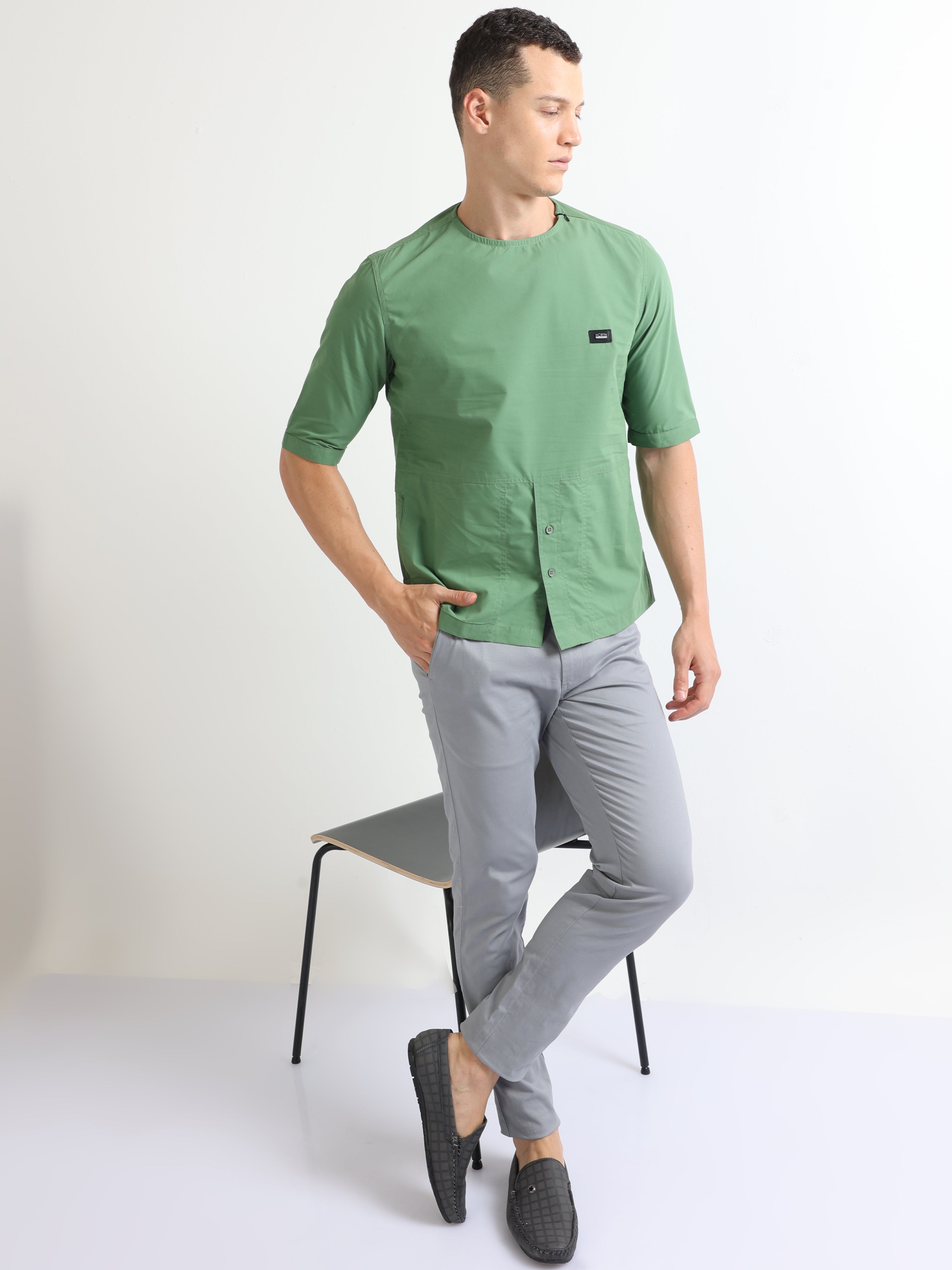 Buy Olive Stylish Side Pocket Crew Neck Men's Plain Shirt
