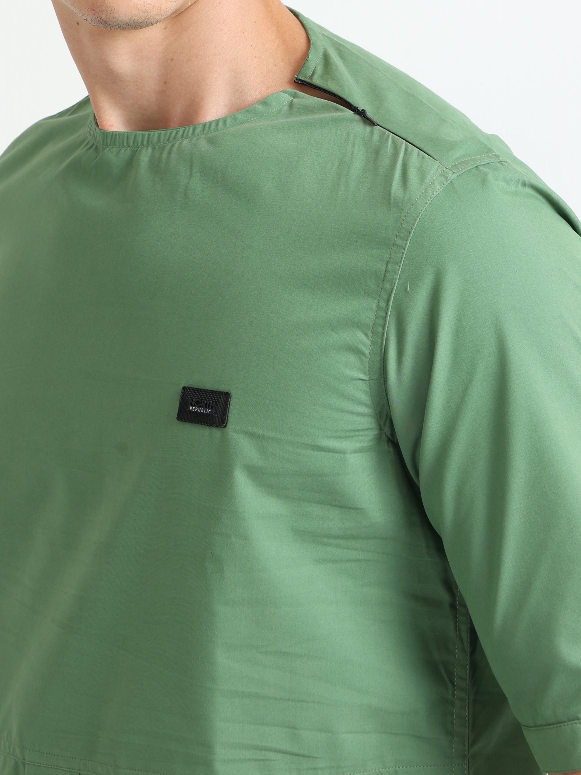 Olive Stylish Side Pocket Crew Neck Men's Plain Shirt