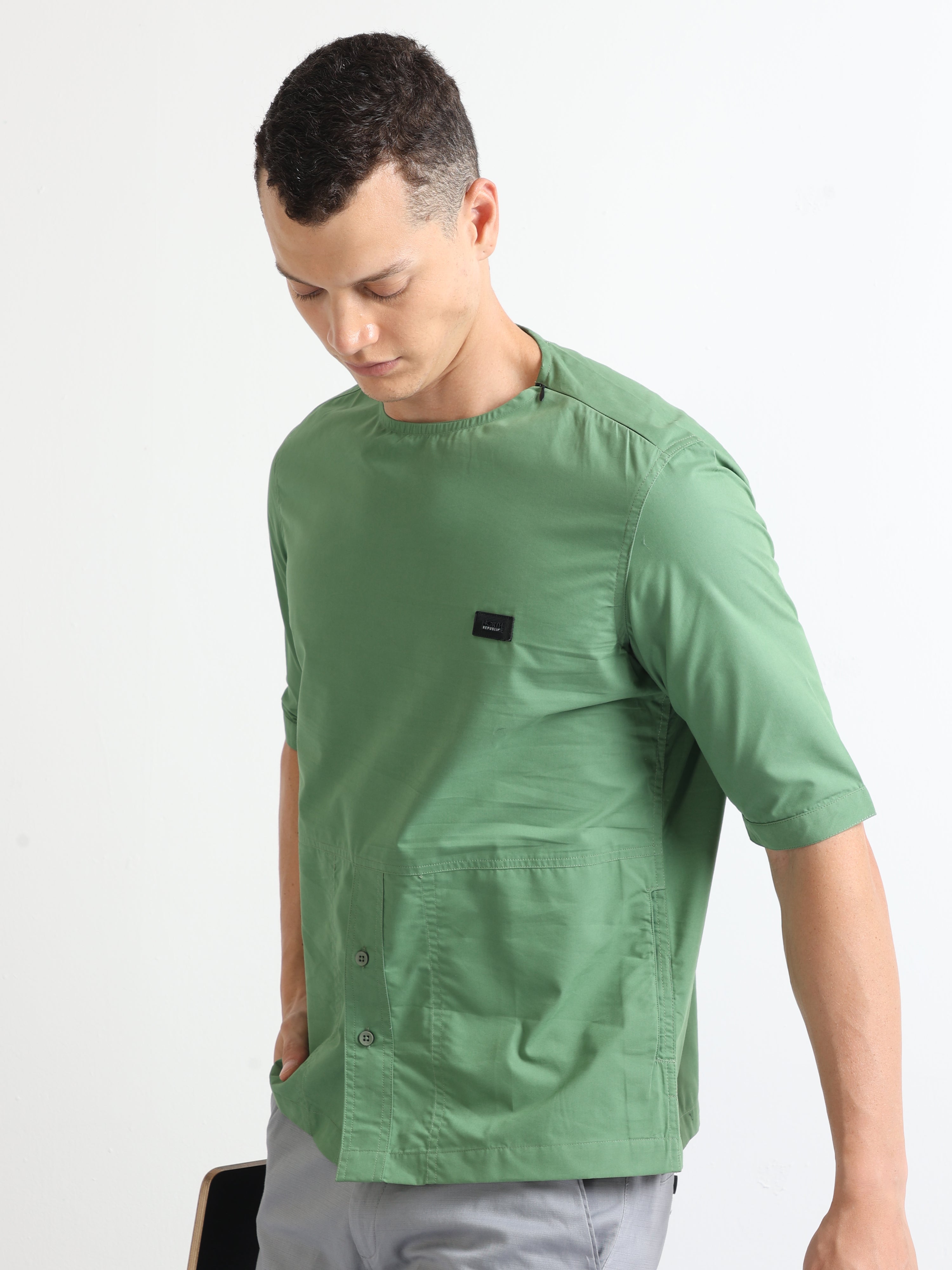 Buy Olive Stylish Side Pocket Crew Neck Men s Plain Shirt