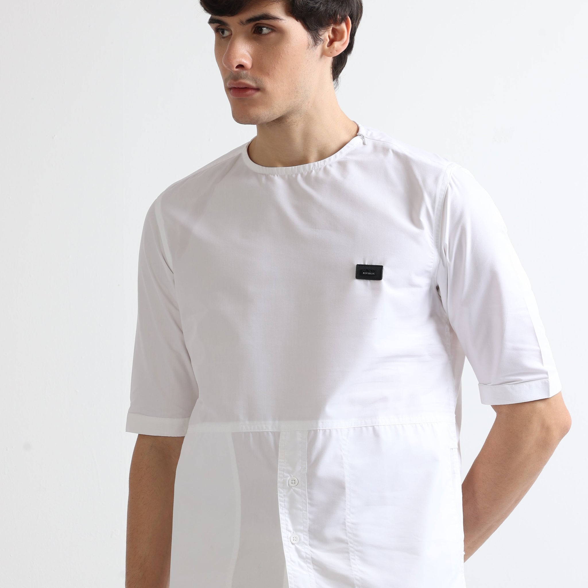 White Men's Stylish Side Pocket Crew Neck Plain Shirt