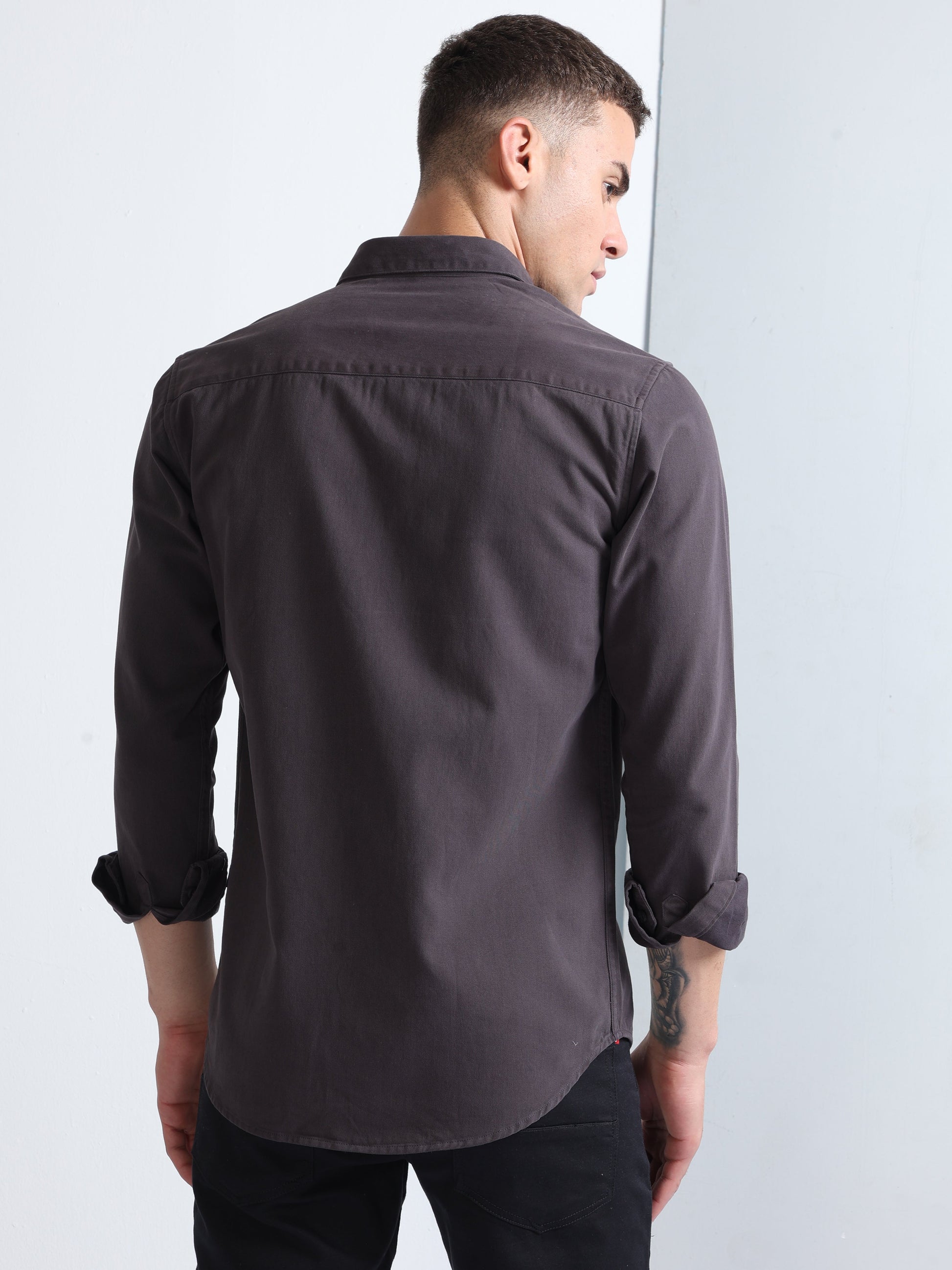 Dark Grey Men's Cargo Pocket Plain Shirt