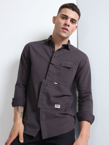 Dark Grey Men's Cargo Pocket Plain Shirt