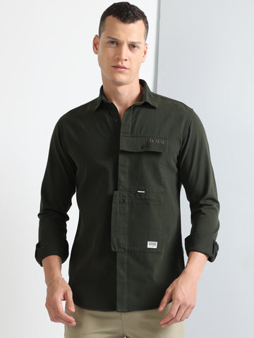 Olive Tacal Cargo Pocket Work Men's Stylish Plain Shirt 