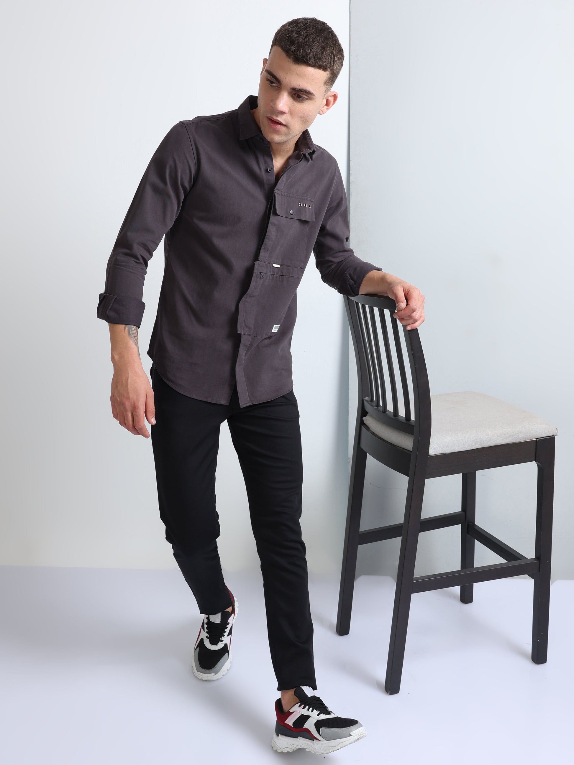 Dark Grey Men's Cargo Pocket Plain Shirt