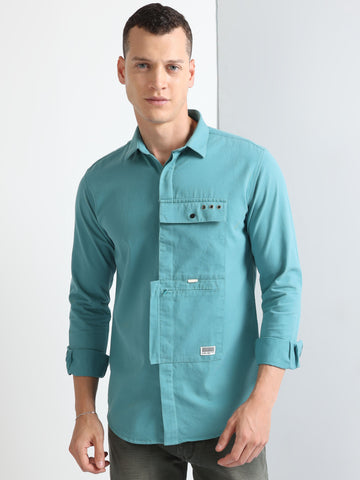 Blue Tecla Cargo Pocket Full Sleeve Plain Shirt