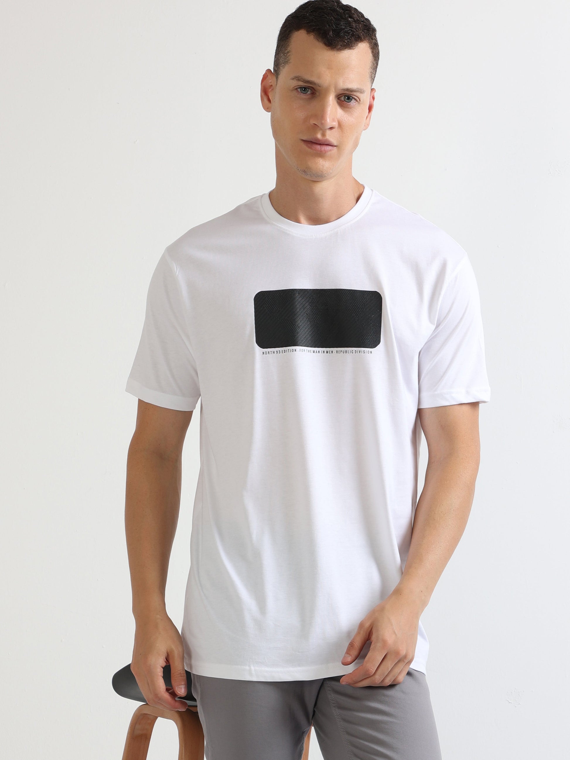 White Crew Neck Tonal Printed T Shirt