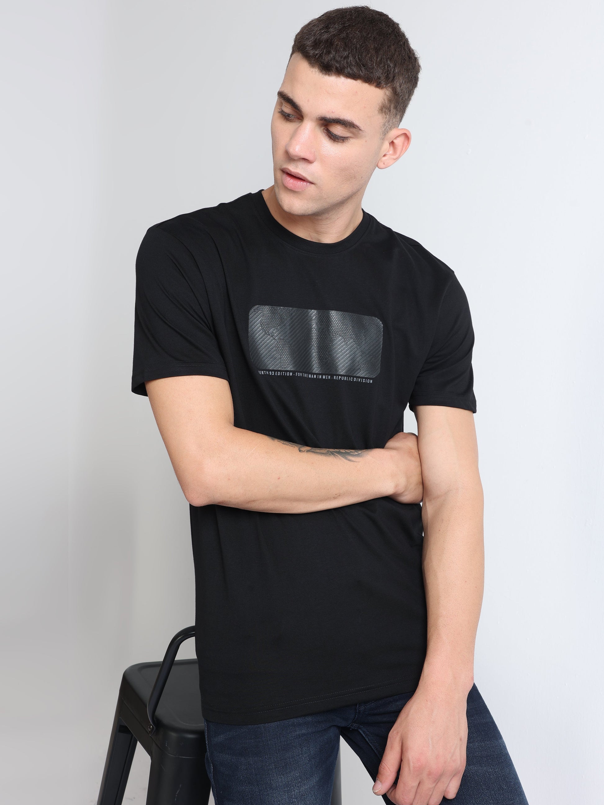 Black Crew Neck Tonal Printed T Shirt