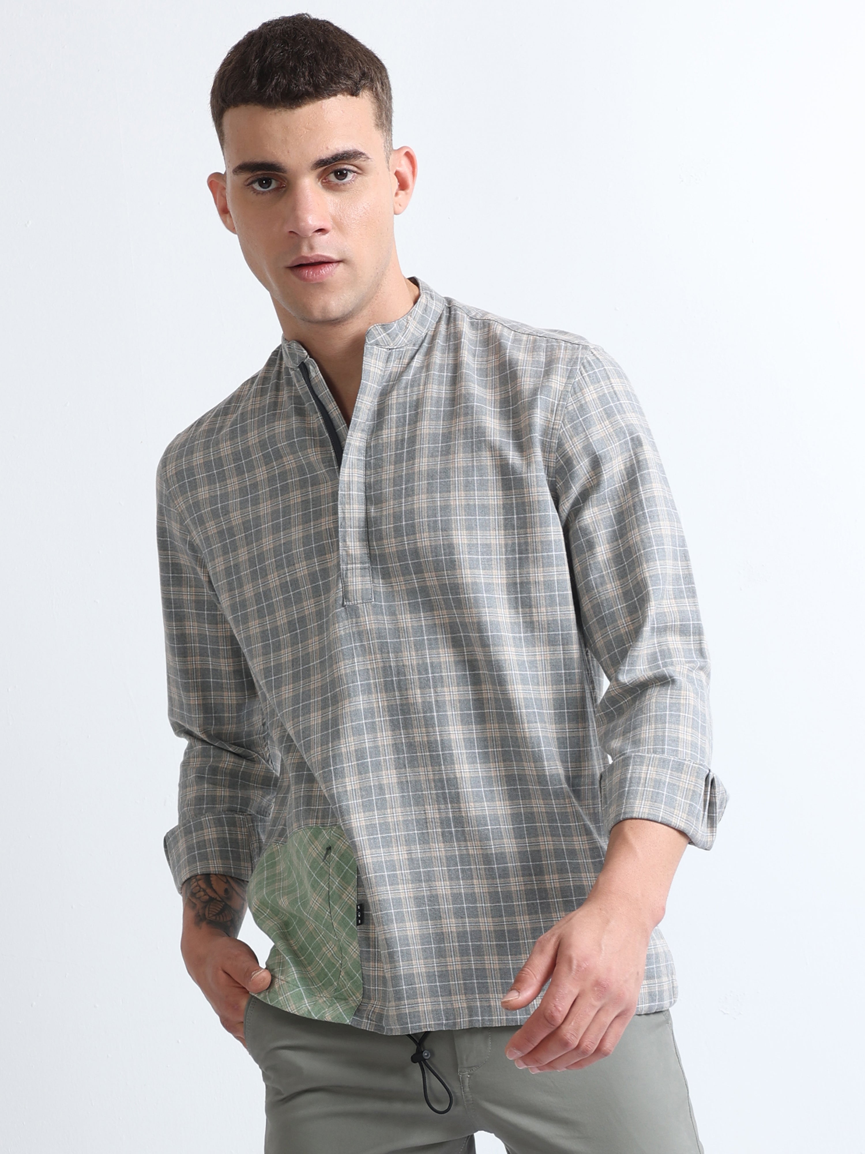 Buy Grey Melange Bottom Pocket Full Sleeve Checked Shirt