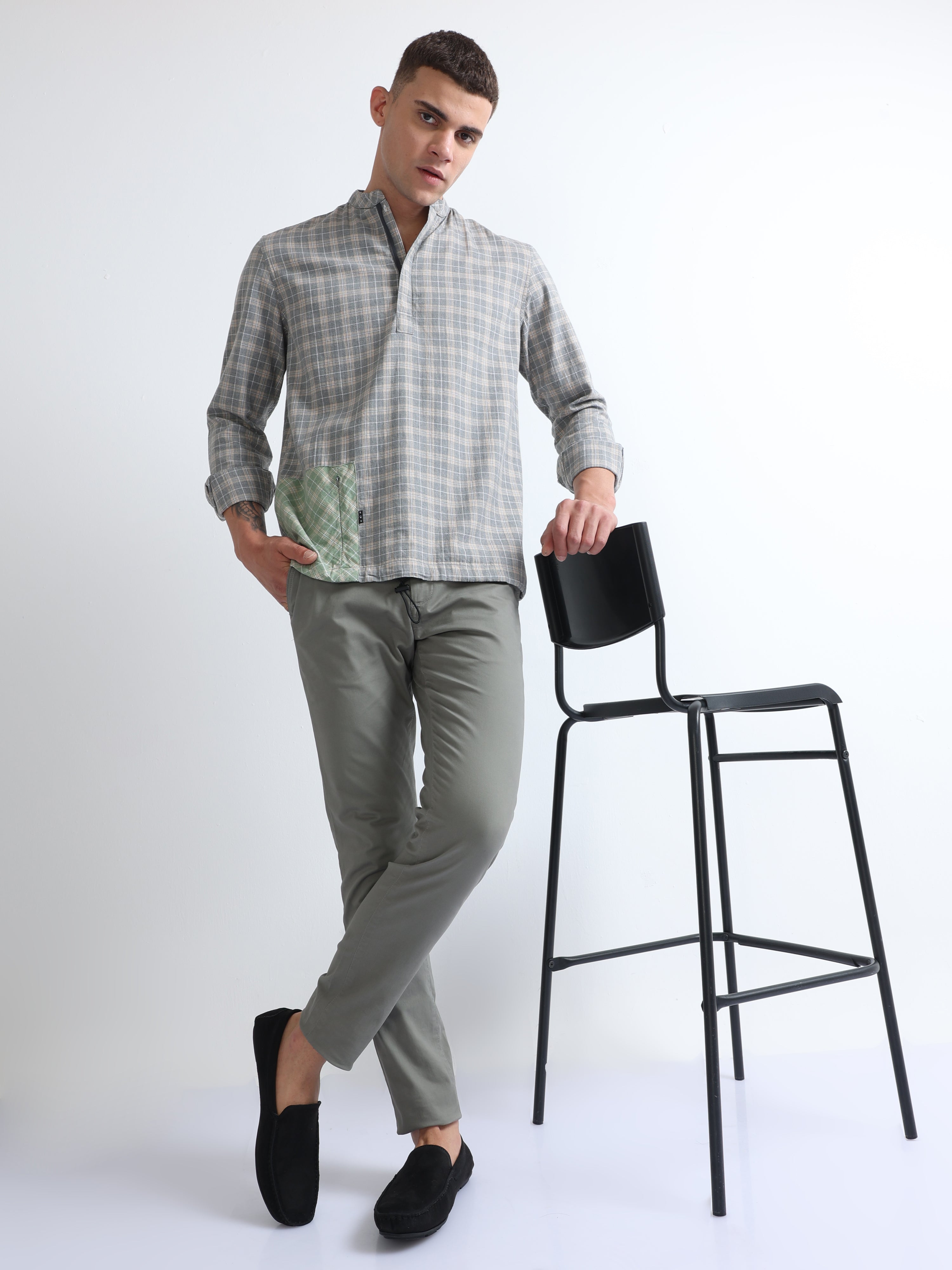 トップス Dhal No Silket check Regular Shirt Asta Seer Sucker Regular Shirt Steel Check – General Pants Co.