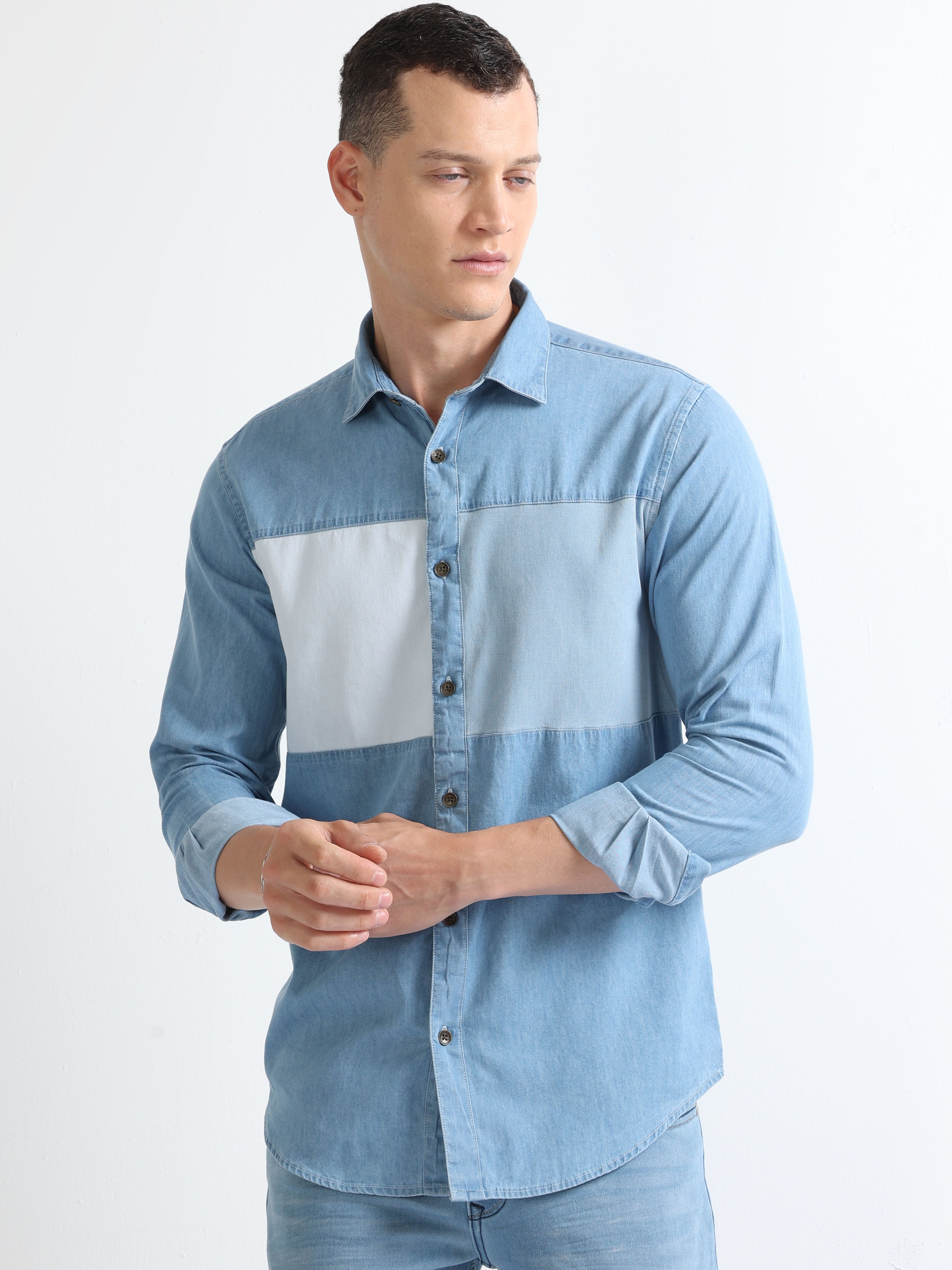 Hemp Denim|men's Slim Fit Cotton Denim Shirt - Solid Color, Long Sleeve,  Button-down